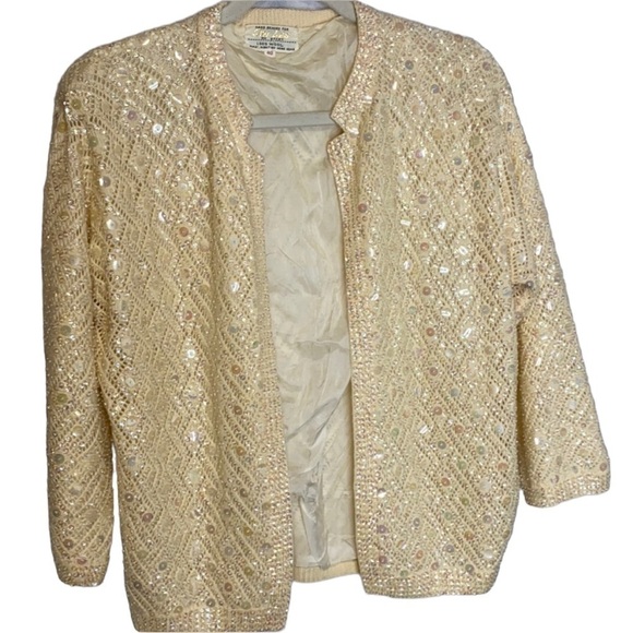 Vintage 100% Wool Cyn Les Hand Beaded Sweater Size British Hong Kong - Picture 1 of 11